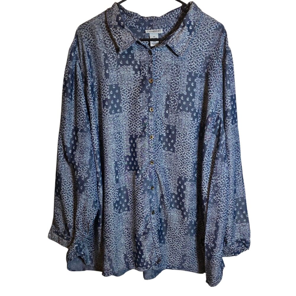 Catherines Chambray Floral Patchwork Tunic Button Up Blouse 100% Lyocell